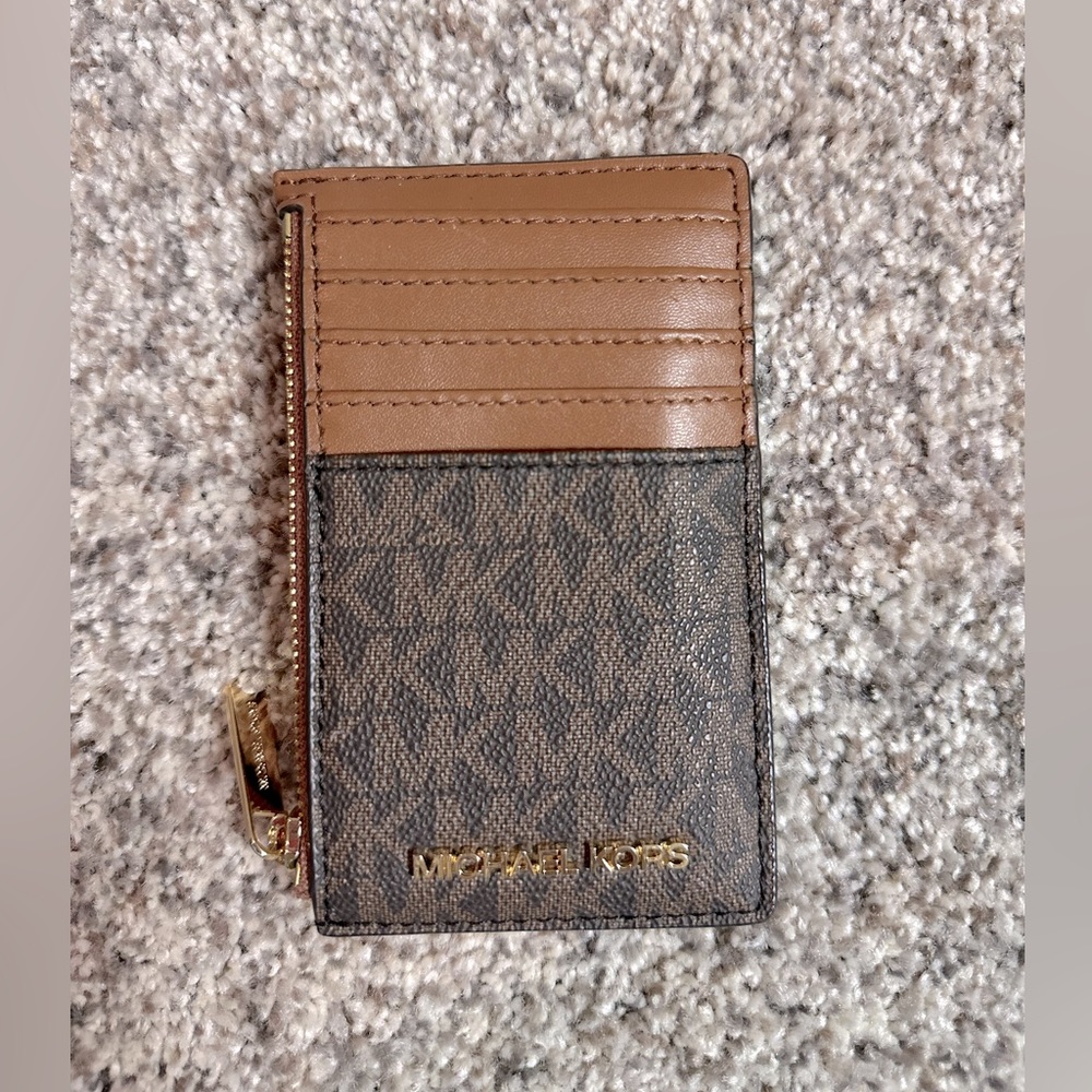 Michael Kors Jet Set Travel Top Zip Card Case Coin Pouch Wallet Brown